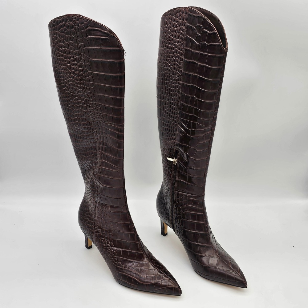 Marc Fisher Quinnie2 Boot Womens 9 Dark Brown Croc Embossed Leather Kitten Heel